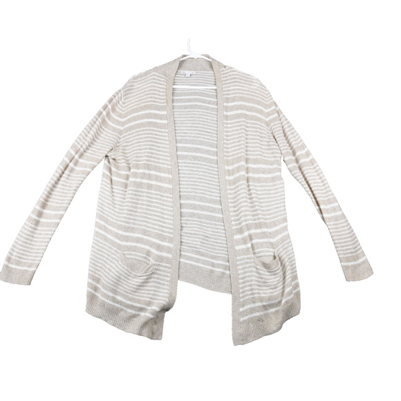 GAP Cardigan Womens Large Brown White Stripes Pockets Sweater - Picture 1 of 9